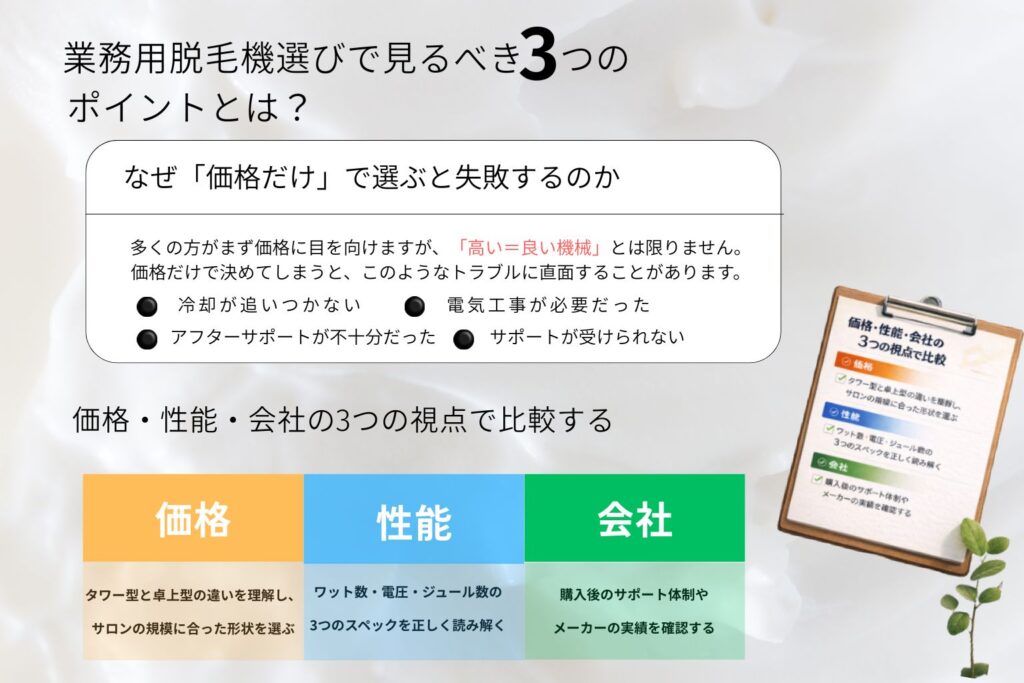 業務用脱毛機選びで見るべき3つのポイントとは