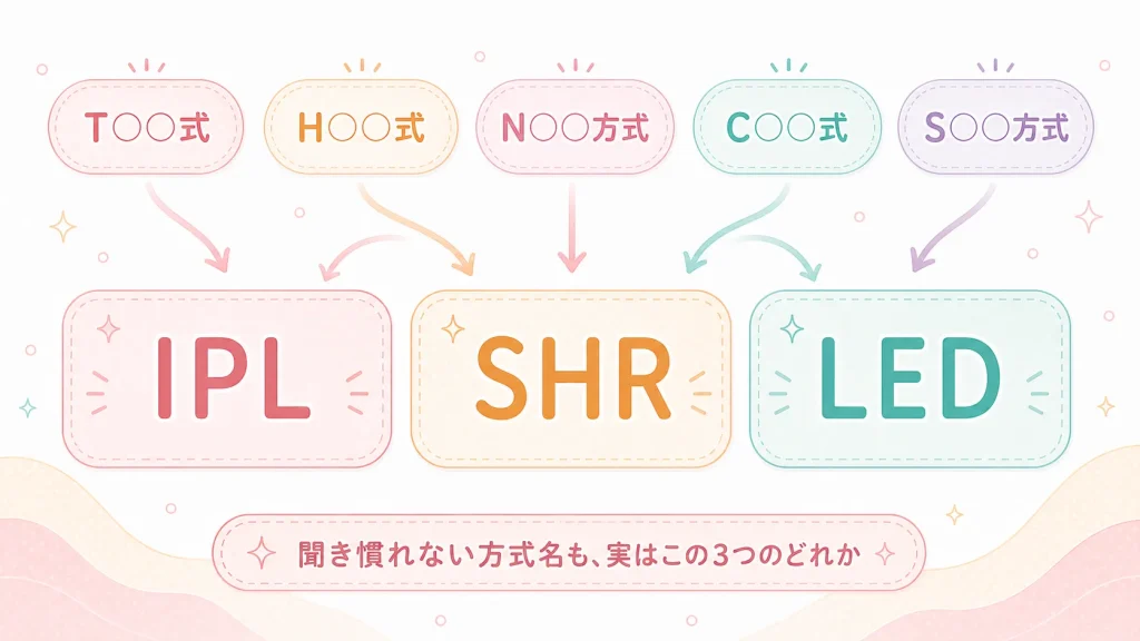 1. 業務用脱毛機の方式は、結局「IPL・SHR・LED」の3つだけ