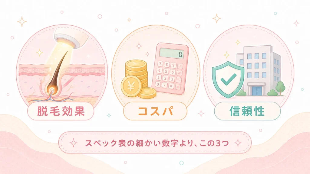 2. 比較すべきは3つだけ：脱毛効果・コスパ・信頼性